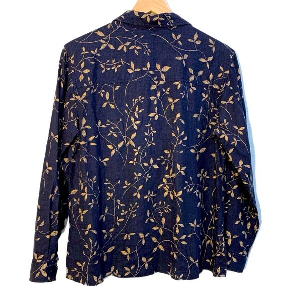 LIZ CLAIBORNE Liz-sport Linen Blend Shirt Women Medium Navy Blue Tan Leaf. - Picture 2 of 12